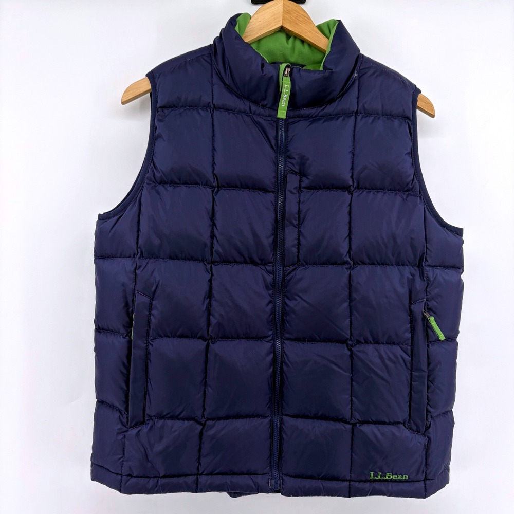 LL Bean Goose Down Puffer Vest Navy Blue Lime Green Full Zip Womens Small 0HMN9